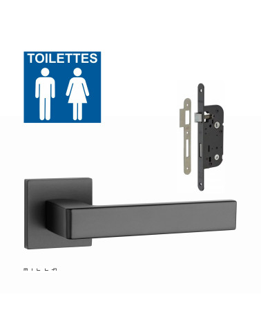 Set puxador de porta preto SULLA com a fechadura WC preta sobre fundo branco