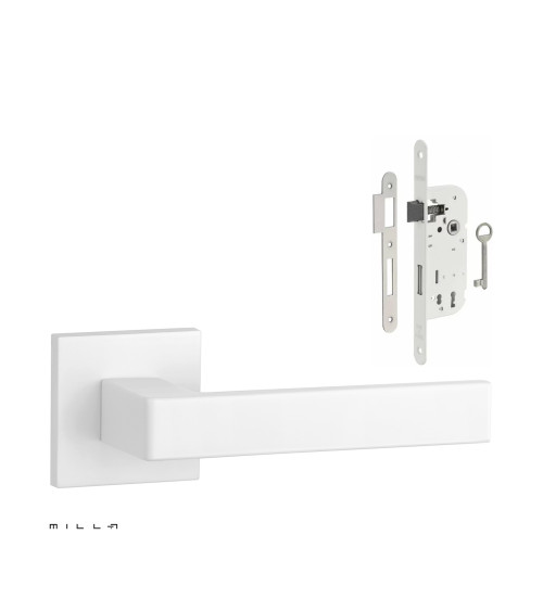 Set puxador de porta branco SULLA com a fechadura Chave de Quarto branca sobre fundo branco