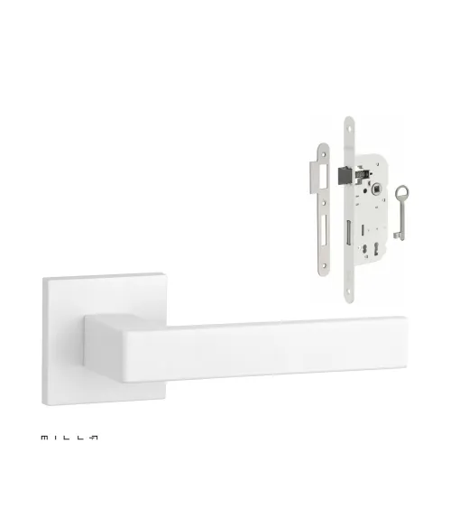 Set puxador de porta branco SULLA com a fechadura Chave de Quarto branca sobre fundo branco