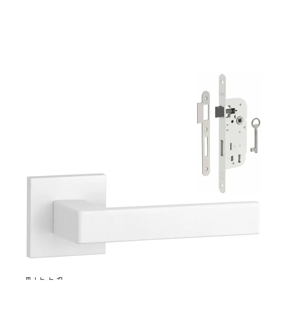 Set puxador de porta branco SULLA com a fechadura Chave de Quarto branca sobre fundo branco