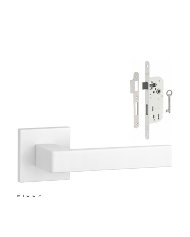 Set puxador de porta branco SULLA com a fechadura Chave de Quarto branca sobre fundo branco