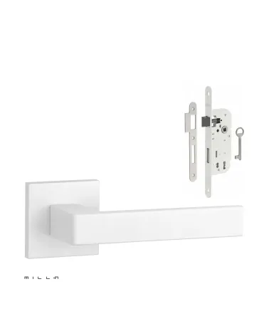 Set puxador de porta branco SULLA com a fechadura Chave de Quarto branca sobre fundo branco