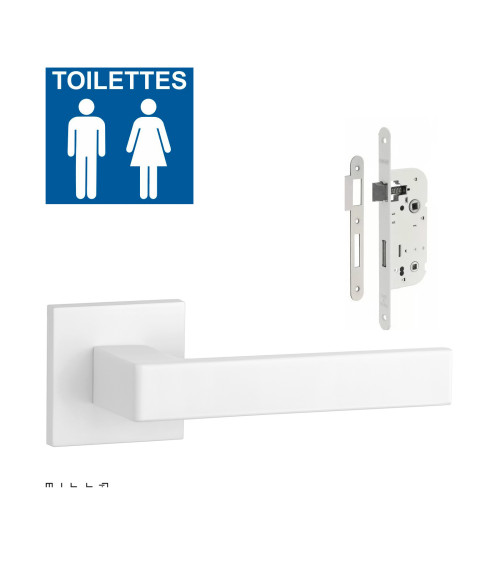 Set puxador de porta branco SULLA com a fechadura WC branca sobre fundo branco