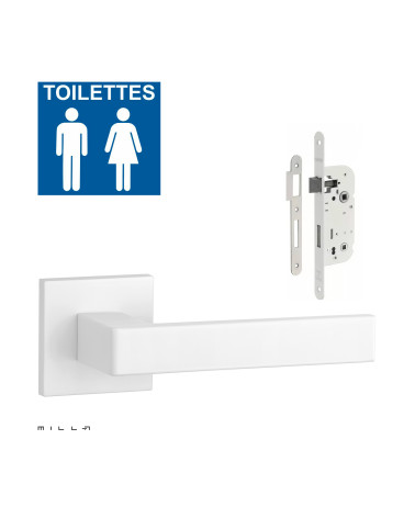 Set puxador de porta branco SULLA com a fechadura WC branca sobre fundo branco