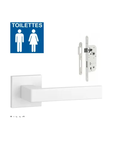 Set puxador de porta branco SULLA com a fechadura WC branca sobre fundo branco