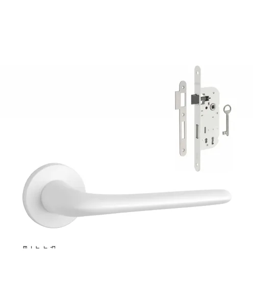 Set puxador de porta branco KALMIA com a fechadura Chave de Quarto branca sobre fundo branco
