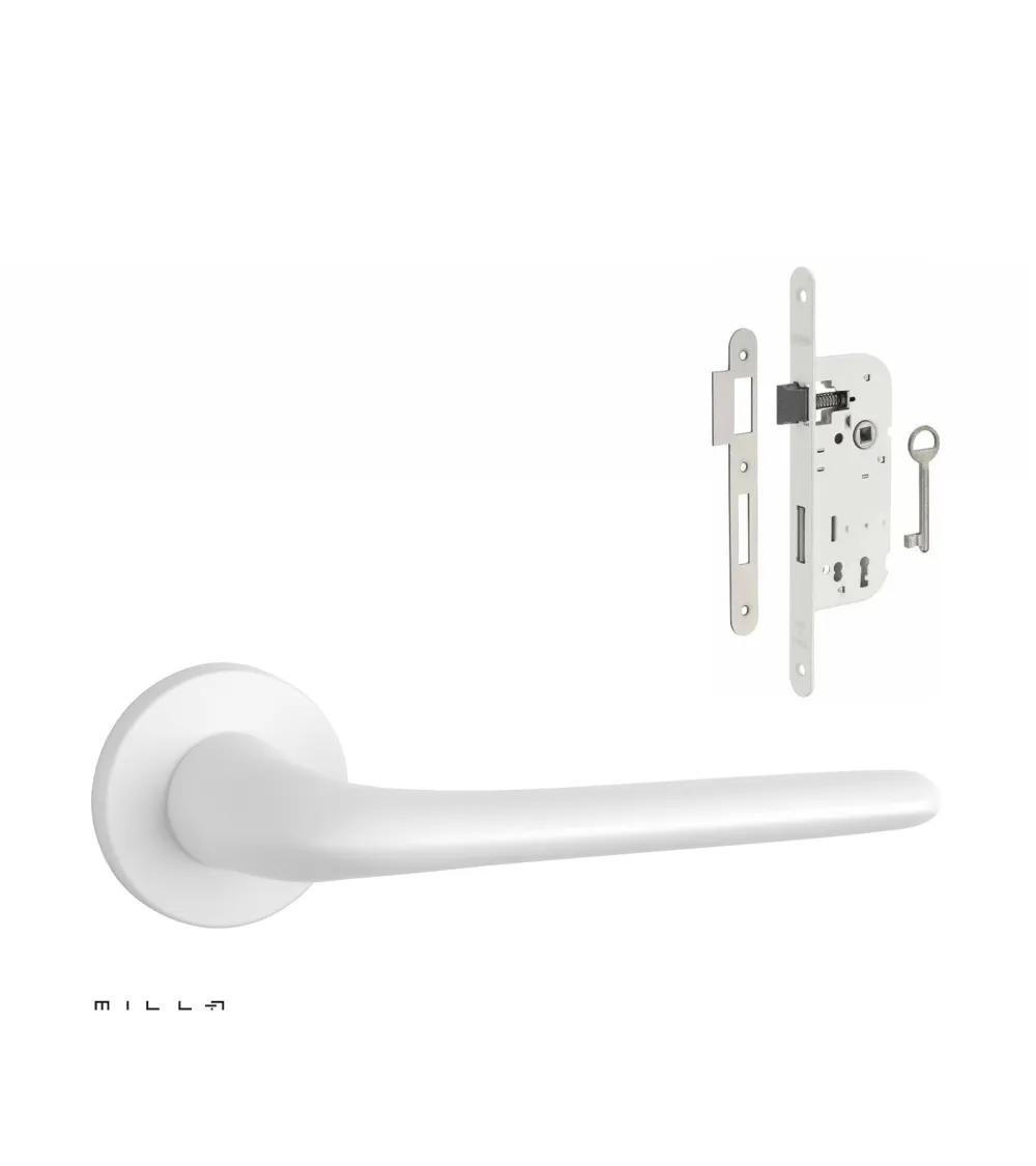 Set puxador de porta branco KALMIA com a fechadura Chave de Quarto branca sobre fundo branco
