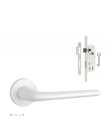 Set puxador de porta branco KALMIA com a fechadura Chave de Quarto branca sobre fundo branco