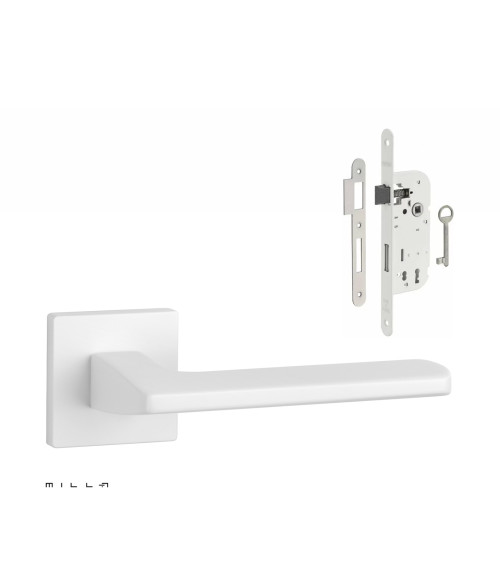 Set puxador de porta branco YUKA com a fechadura Chave de Quarto branca sobre fundo branco