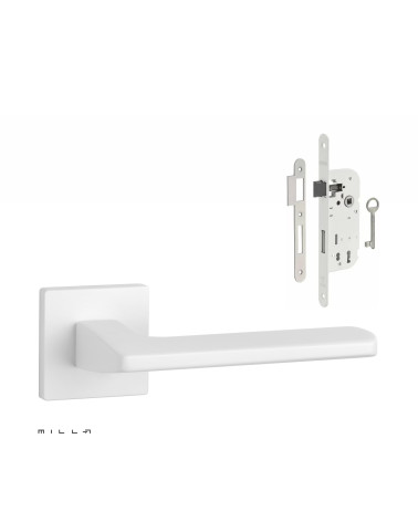 Set puxador de porta branco YUKA com a fechadura Chave de Quarto branca sobre fundo branco