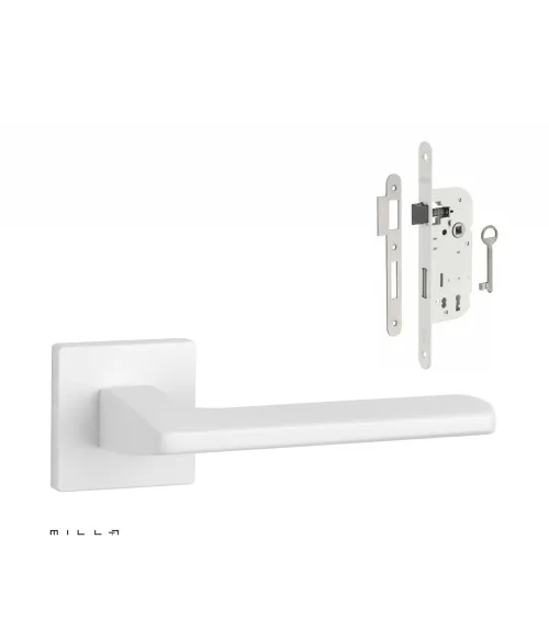 Set puxador de porta branco PYROLA com a fechadura Chave de Quarto branca sobre fundo branco