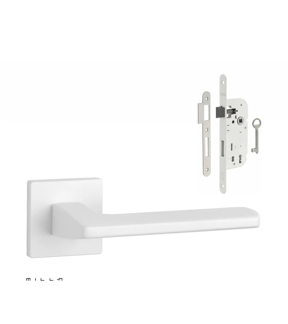 Set puxador de porta branco PYROLA com a fechadura Chave de Quarto branca sobre fundo branco