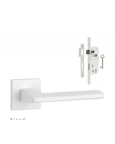 Set puxador de porta branco PYROLA com a fechadura Chave de Quarto branca sobre fundo branco