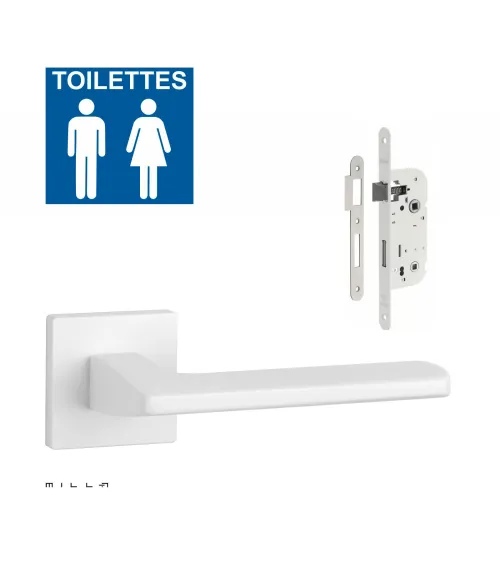 Set puxador de porta branco PYROLA com a fechadura WC branca sobre fundo branco