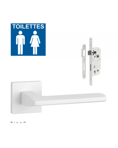 Set puxador de porta branco PYROLA com a fechadura WC branca sobre fundo branco