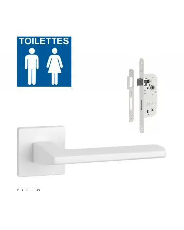 Set puxador de porta branco PYROLA com a fechadura WC branca sobre fundo branco