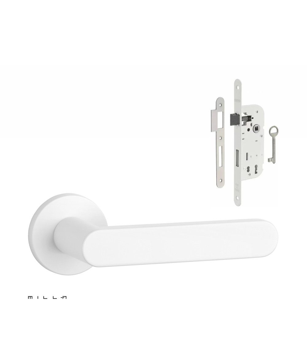 Set puxador de porta branco ALORA com a fechadura Chave de Quarto branca sobre fundo branco
