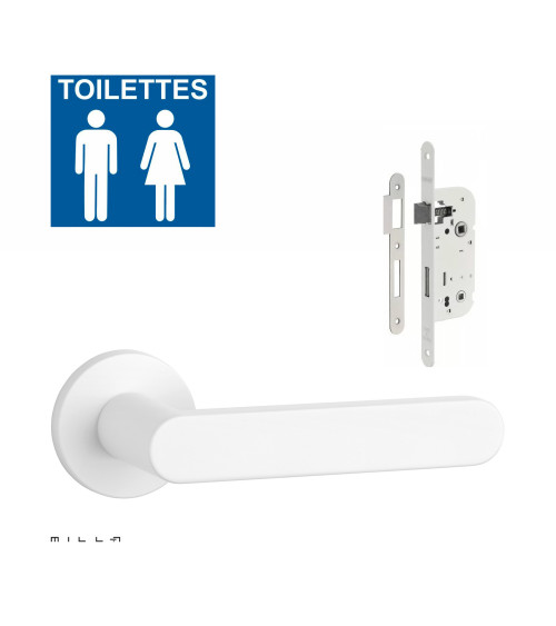 Set puxador de porta branco ALORA com a fechadura WC branca sobre fundo branco