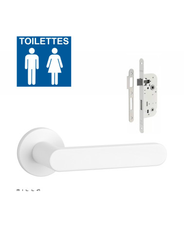 Set puxador de porta branco ALORA com a fechadura WC branca sobre fundo branco