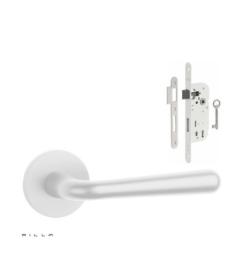 Set puxador de porta branco IRGA com a fechadura Chave de Quarto branca sobre fundo branco