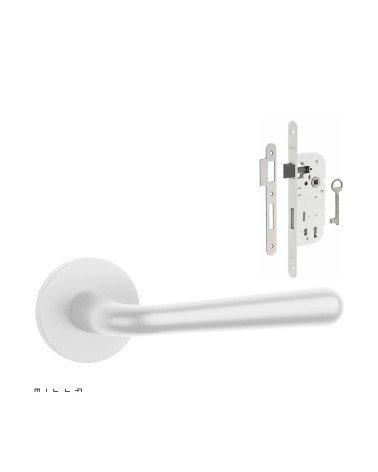 Set puxador de porta branco IRGA com a fechadura Chave de Quarto branca sobre fundo branco