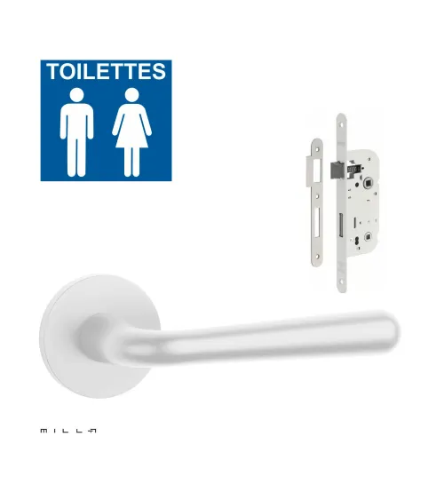 Set puxador de porta branco IRGA com a fechadura WC branca sobre fundo branco