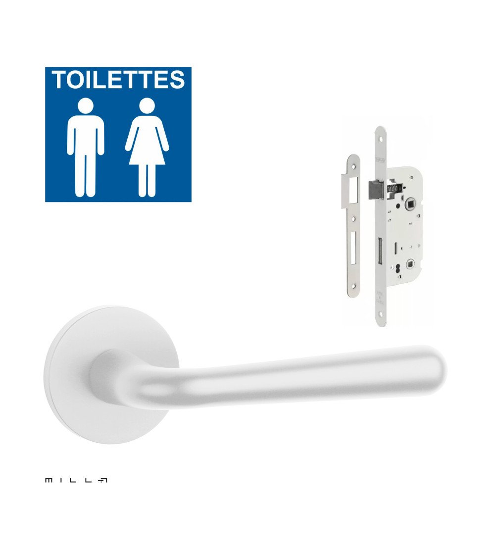 Set puxador de porta branco IRGA com a fechadura WC branca sobre fundo branco