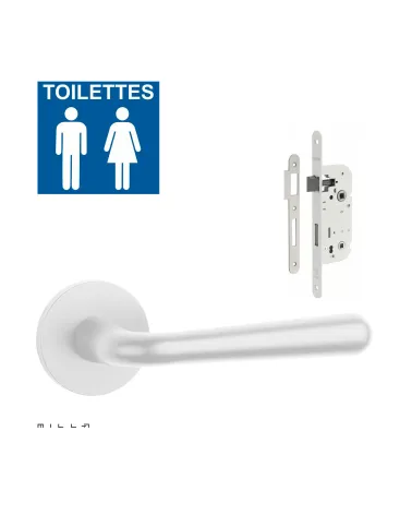 Set puxador de porta branco IRGA com a fechadura WC branca sobre fundo branco