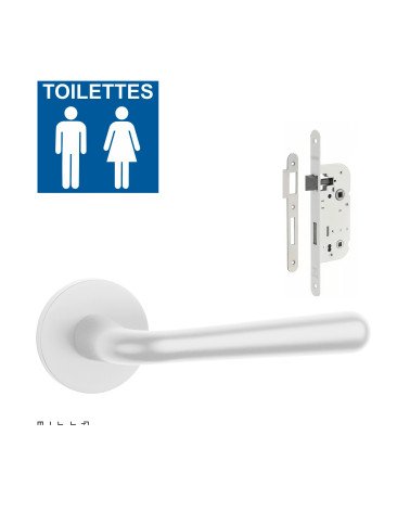 Set puxador de porta branco IRGA com a fechadura WC branca sobre fundo branco