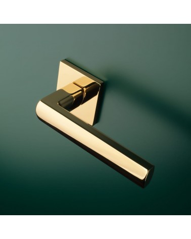 Puxador de porta dourado polido HOSTA ferragens design montado numa porta