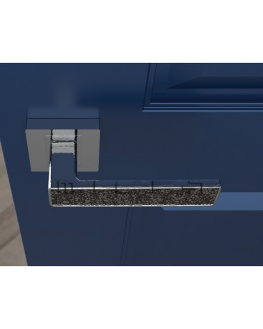 Puxador de porta zamak GLAMOUR ferragens design cor 1 vista de cima montado numa porta
