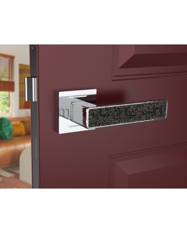 Puxador de porta zamak GLAMOUR ferragens design cor 1 vista de frente montado numa porta