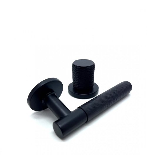 Duo assimétrico puxador e botão de porta texturado preto Time design de puxador alinhados horizontalmente