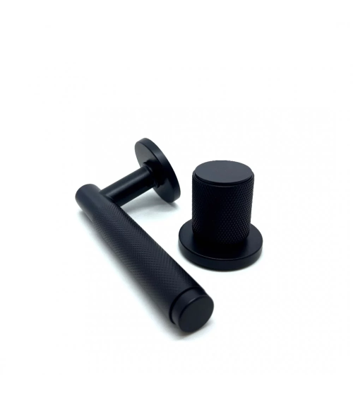 Duo assimétrico puxador e botão de porta texturado preto Time design de puxador alinhados horizontalmente