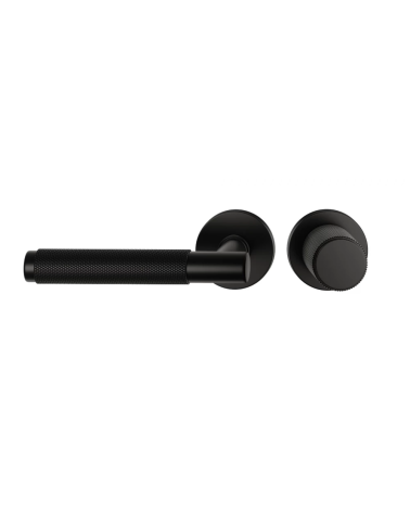 Duo assimétrico puxador e botão de porta texturado preto Time design de puxador vista de frente