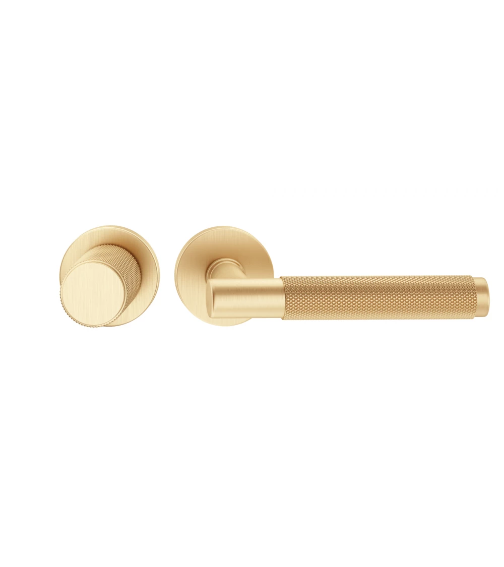 Duo assimétrico puxador e botão de porta texturado ouro mate Time puxador design alinhados horizontalmente