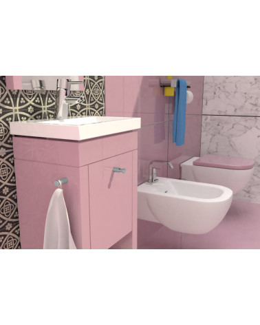 Botão de móvel CARTAGENA puxador design fixado num móvel rosa numa casa de banho