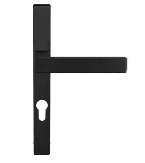 puxador de porta preto em placa fina e longa