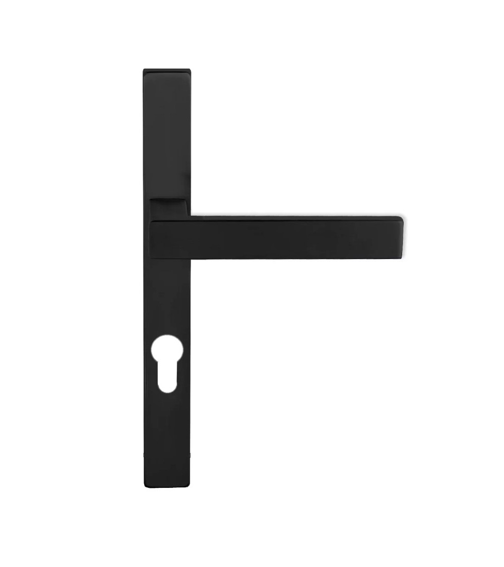 puxador de porta preto em placa fina e longa