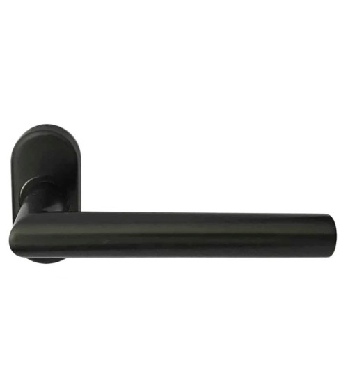 puxador de porta preto em escudo oval para perfil estreito sobre fundo branco