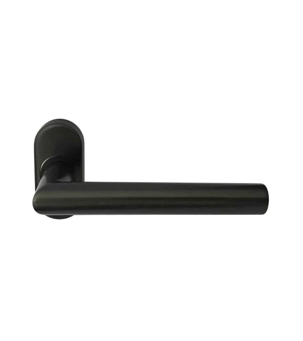 puxador de porta preto em escudo oval para perfil estreito sobre fundo branco