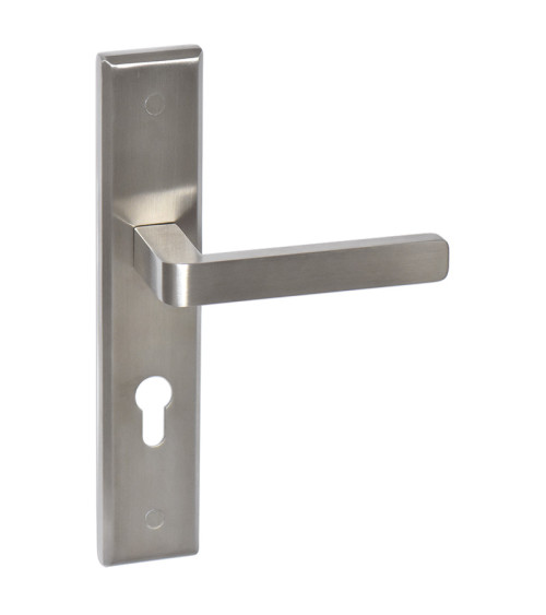 Puxador de porta em inox em placa longa modelo Soho Prestige com furo de cilindro - millapoignees