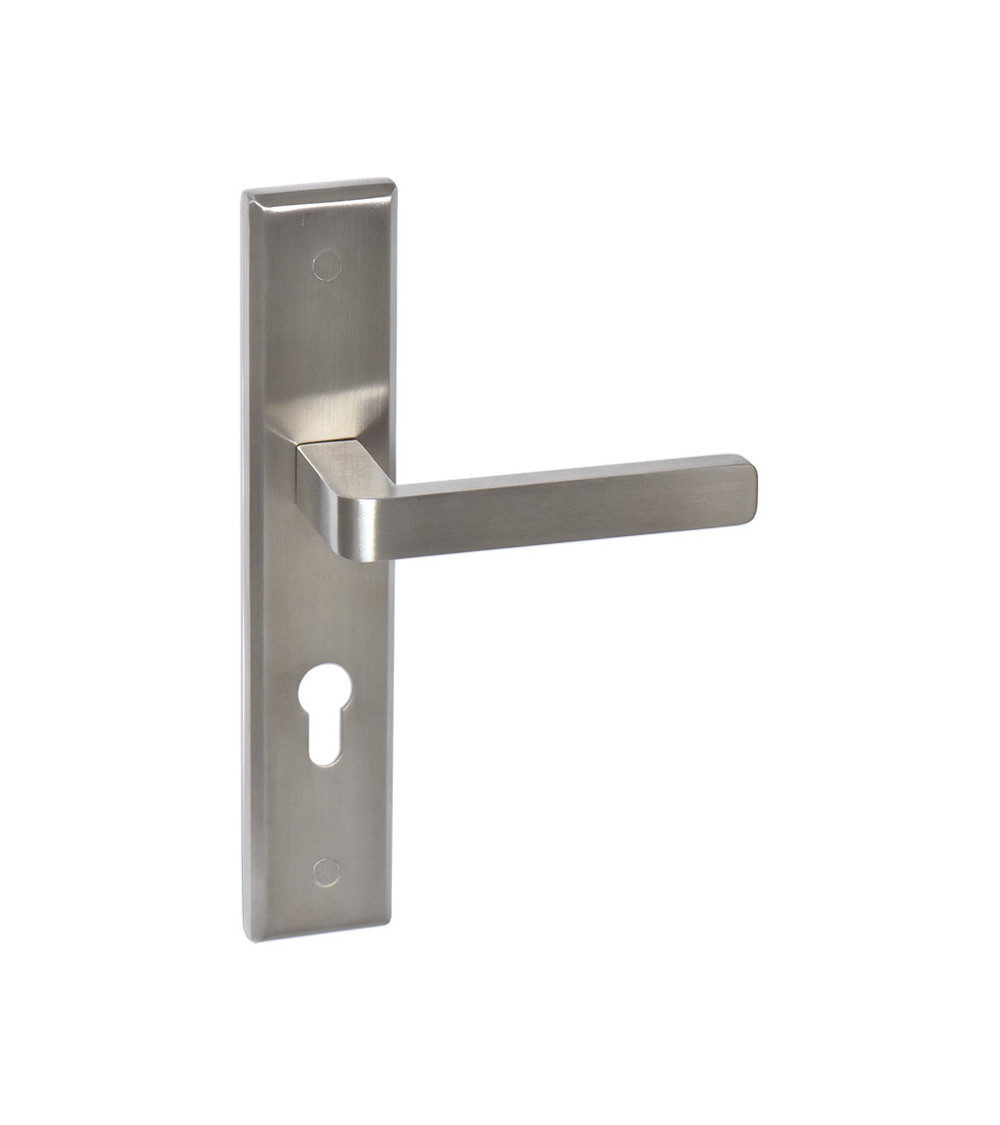 Puxador de porta em inox em placa longa modelo Soho Prestige com furo de cilindro - millapoignees