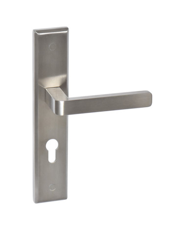 Puxador de porta em inox em placa longa modelo Soho Prestige com furo de cilindro - millapoignees