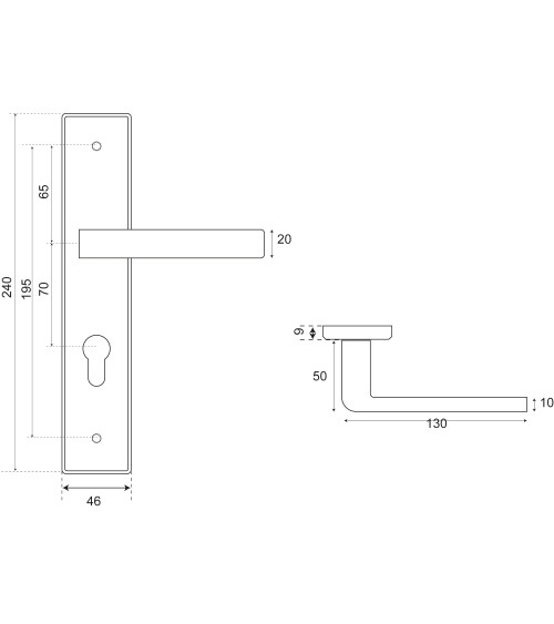 Puxador de porta em inox em placa longa modelo Soho Prestige com furo de cilindro - millapoignees