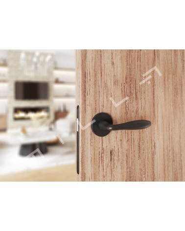 Puxador de porta preto mate VERBENA design vista de frente montado numa porta