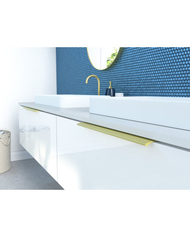 Puxador de móvel anodizado dourado COSTA puxador design montado num móvel de casa de banho